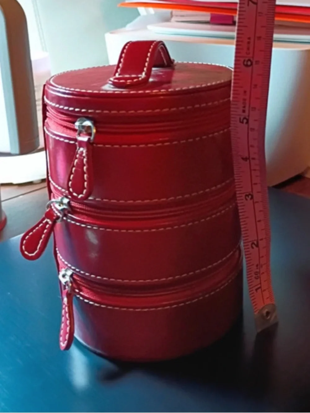 “Swing” Round Red Leather 3-Tier Swing Around Jewelry/Trinket Case (4” X 5”)